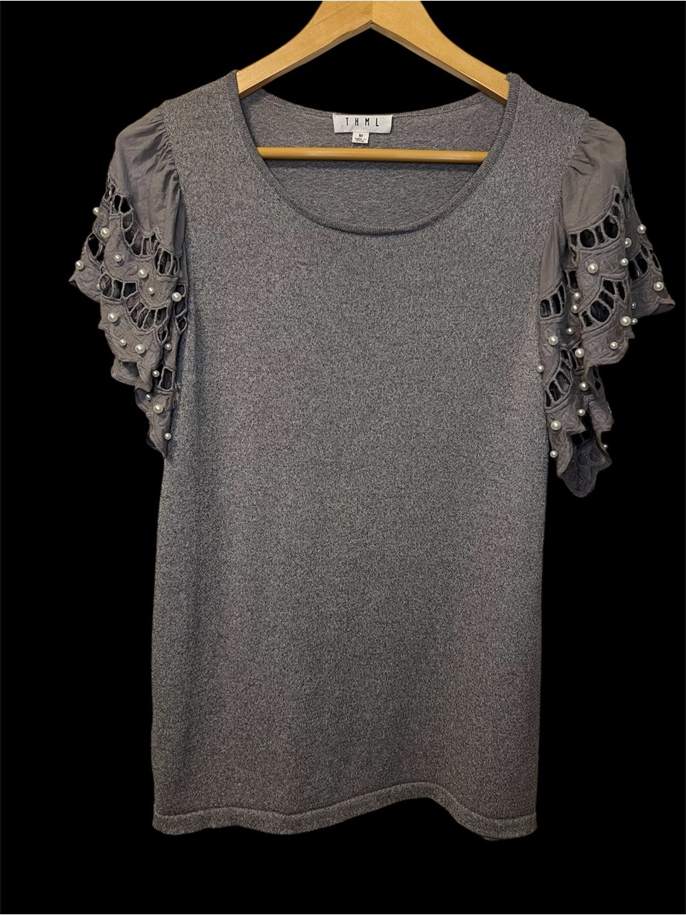 THML Gray Short Sleeve Knit Top with Pearl-Embellished Lace Sleeves